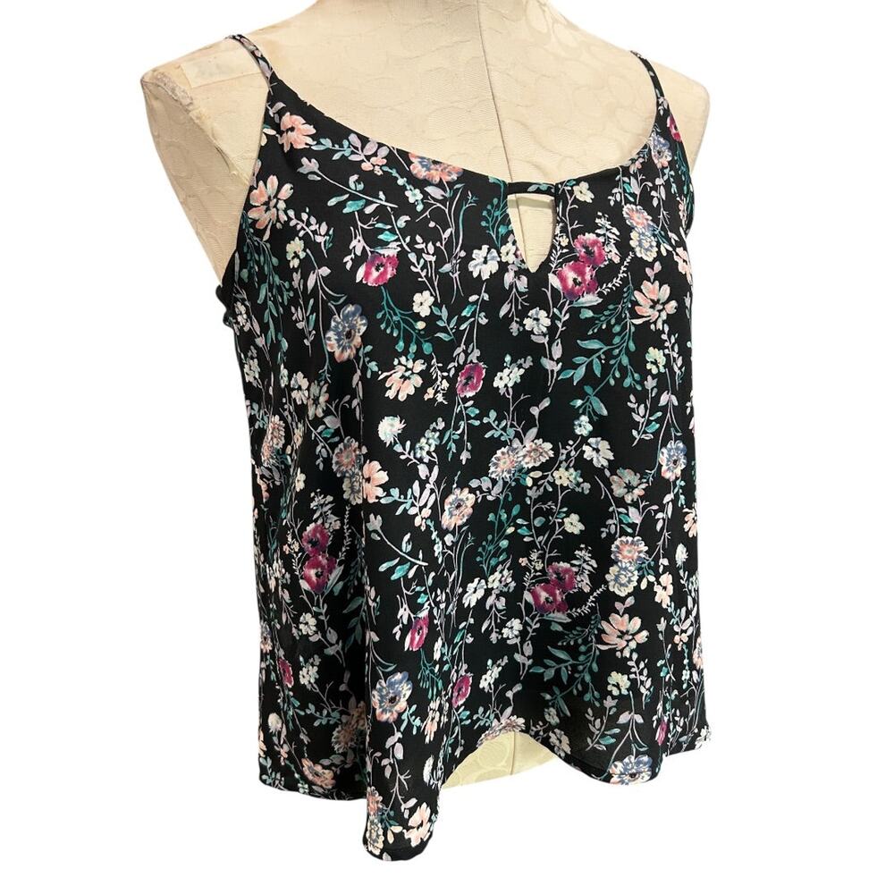 Small Lush Womens Navy Blue Floral‎ Print Sleeveless Blouse Keyhole Neckline